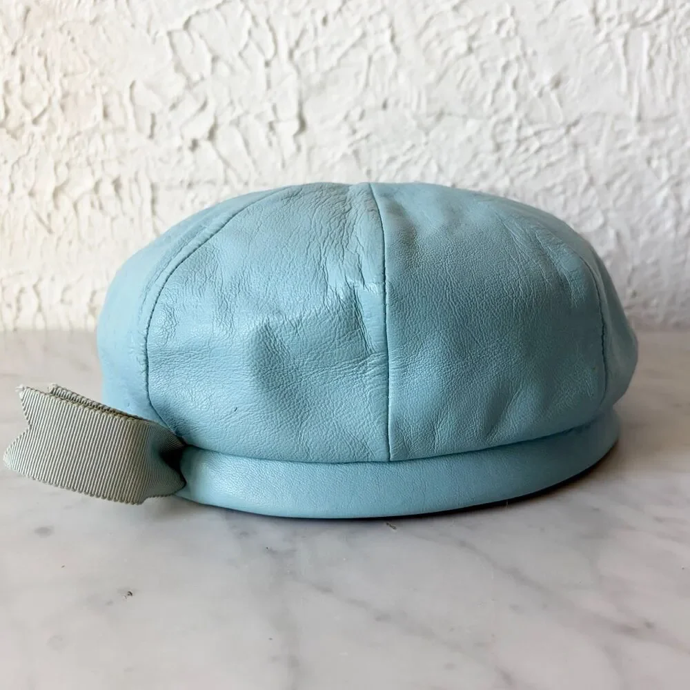 Vintage Blue Leather Newsboy Cap Beret Mod Hat Sanlea Hats New York